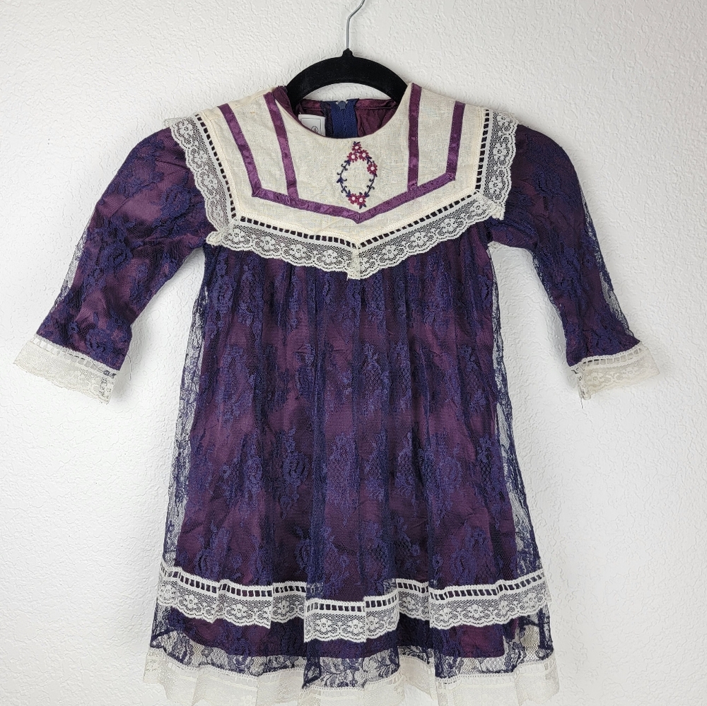 Gunne Sax Vintage Victorian Toddler Dress Lace Long Sleeve Purple Blue 4T